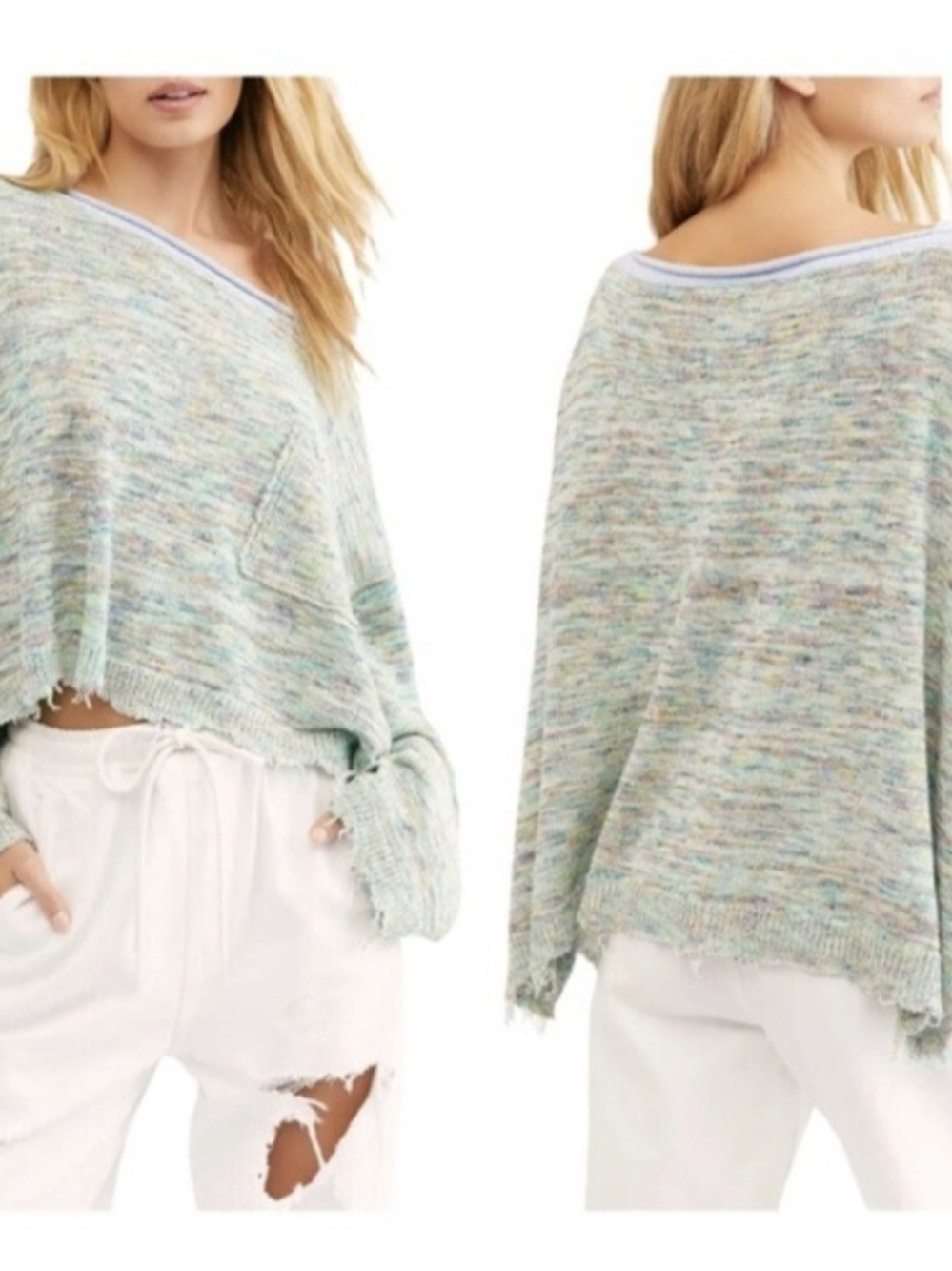 Free People "Prism" Spacedye Multi-Color Off-the-Shoulder Knit Pullover Sweater